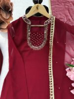 Maroon Color Faux Georgette Fabric Real Mirror With Hand Work Palazzo Suit