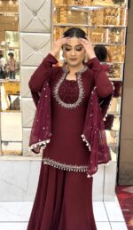 Maroon Color Faux Georgette Fabric Real Mirror With Hand Work Palazzo Suit