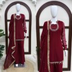Maroon Color Faux Georgette Fabric Real Mirror With Hand Work Palazzo Suit