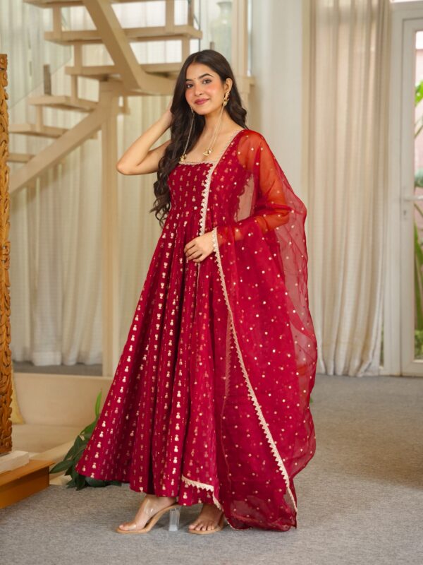 Maroon Color Jacquard Butti Fabric Fancy Lace Work Anarkali Suit