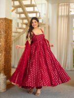 Maroon Color Jacquard Butti Fabric Fancy Lace Work Anarkali Suit