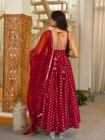 Maroon Color Jacquard Butti Fabric Fancy Lace Work Anarkali Suit