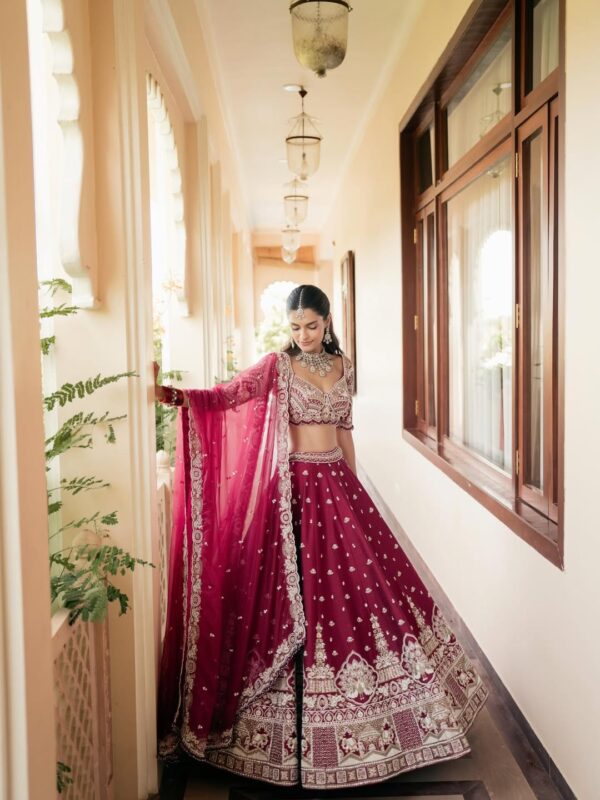 Maroon Color Malai Silk Fabric Sequence With Thread Jari Work Lehenga