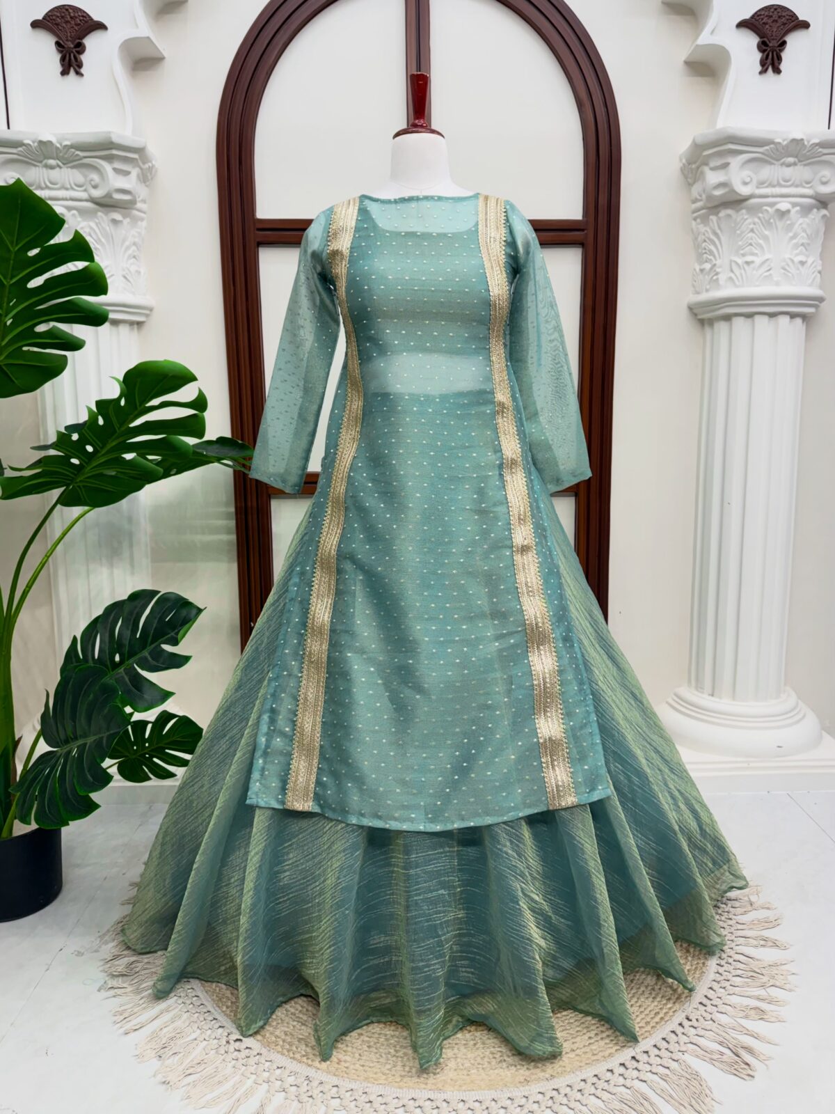 Mint Green Color Salsa Butti Fabric Fancy Lace Work Top Lehenga Set