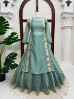 Mint Green Color Salsa Butti Fabric Fancy Lace Work Top Lehenga Set