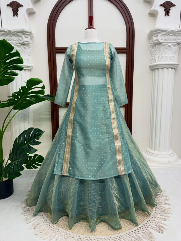 Mint Green Color Salsa Butti Fabric Fancy Lace Work Top Lehenga Set