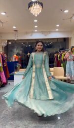 Mint Green Color Salsa Butti Fabric Fancy Lace Work Top Lehenga Set