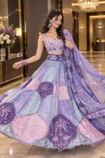 Multi Color Chinon Silk Fabric Digital Print With Real Mirror Work Lehenga