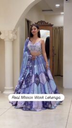 Multi Color Chinon Silk Fabric Digital Print With Real Mirror Work Lehenga