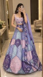 Multi Color Chinon Silk Fabric Digital Print With Real Mirror Work Lehenga