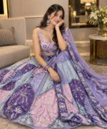 Multi Color Chinon Silk Fabric Digital Print With Real Mirror Work Lehenga