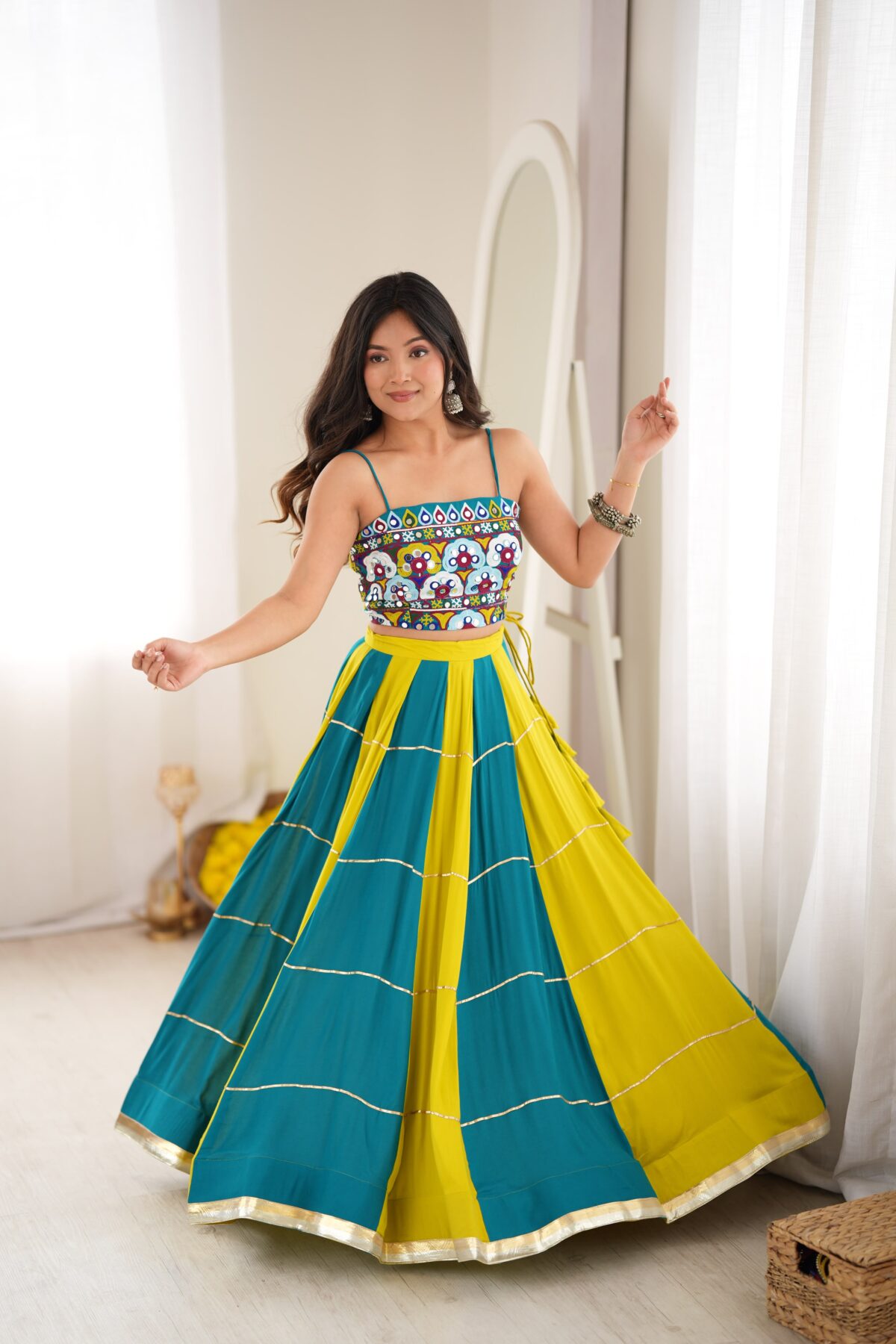 Multi Color Heavy Rayon Fabric Gota Patti Work Navratri Lehenga