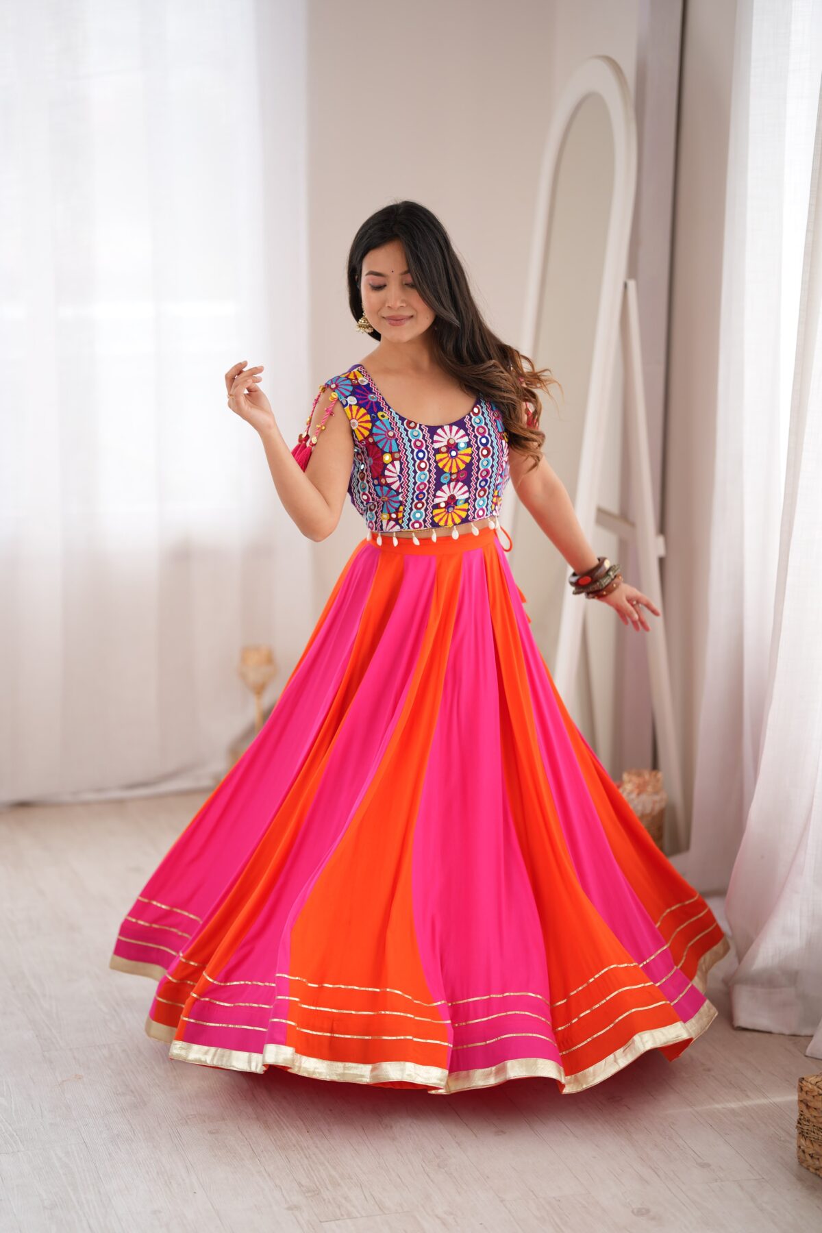 Multi Color Heavy Rayon Fabric Gota Patti Work Navratri Lehenga