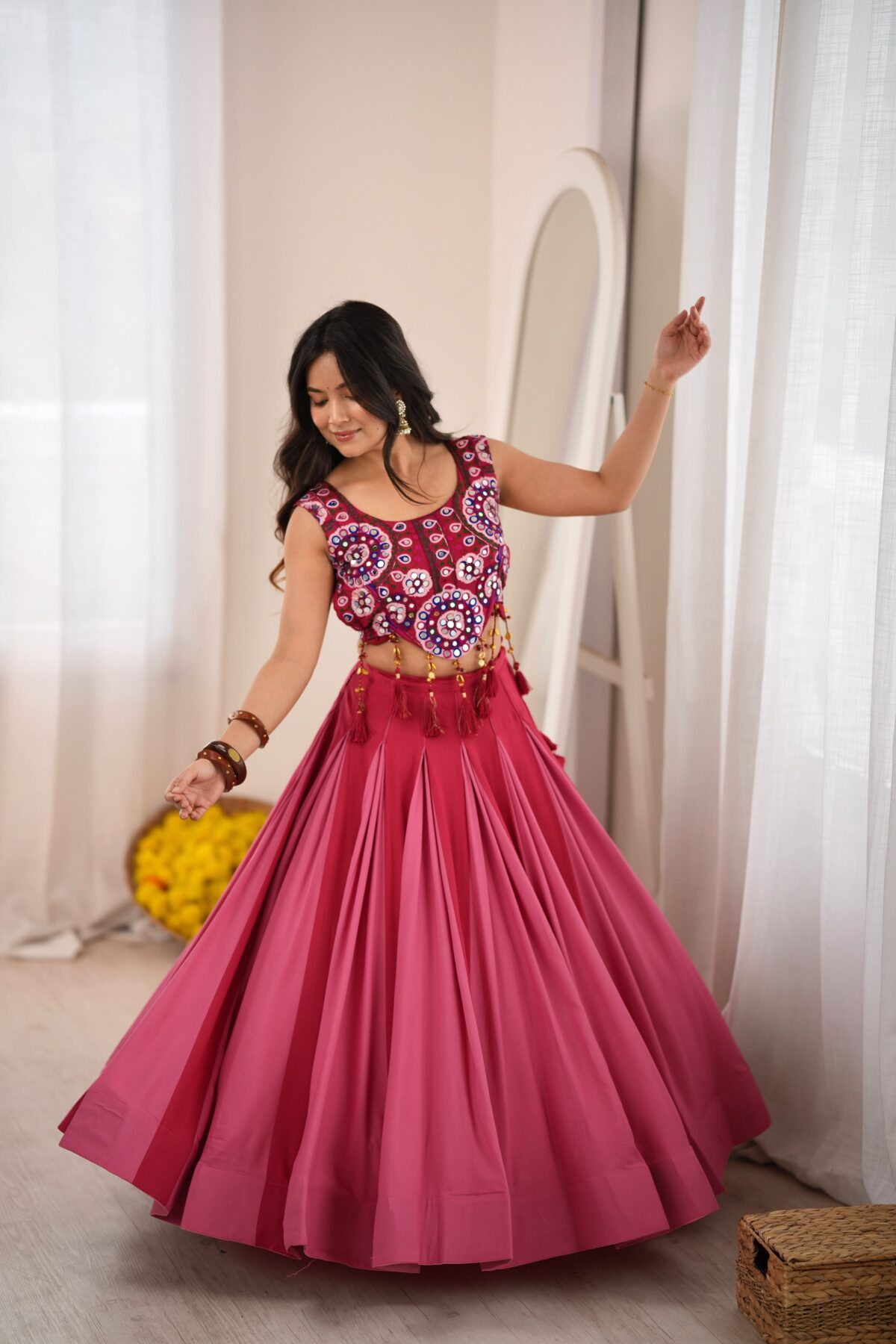Multi Color Heavy Rayon Fabric Lagdi Patta Lace Work Navratri Lehenga