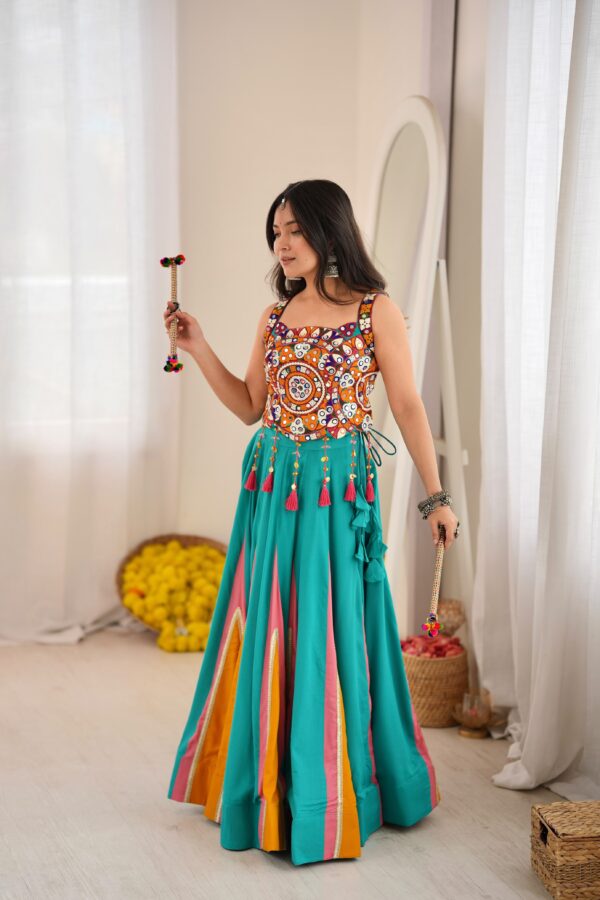 Multi Color Heavy Rayon Fabric Lagdi Patta Lace Work Navratri Lehenga