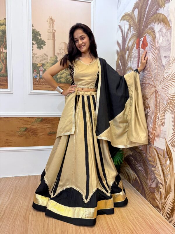 Navratri Special Beige Color Roman Silk Fabric Fancy Lace Work Lehenga