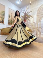 Navratri Special Beige Color Roman Silk Fabric Fancy Lace Work Lehenga