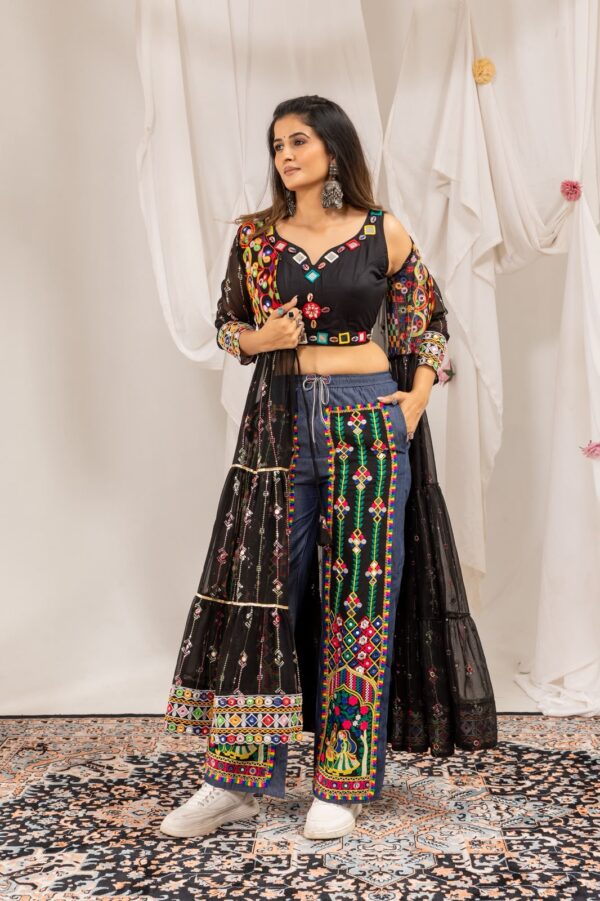 Navratri Special Black Color Faux Georgette Fabric Foil Mirror Work Shrug Jeans Set
