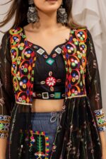 Navratri Special Black Color Faux Georgette Fabric Foil Mirror Work Shrug Jeans Set