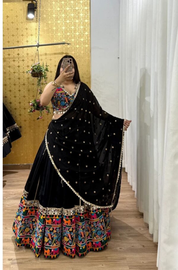 Navratri Special Black Color French Crepe Silk Fabric Digital Print With Real Mirror Work Lehenga