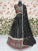 Navratri Special Black Color French Crepe Silk Fabric Digital Print With Real Mirror Work Lehenga