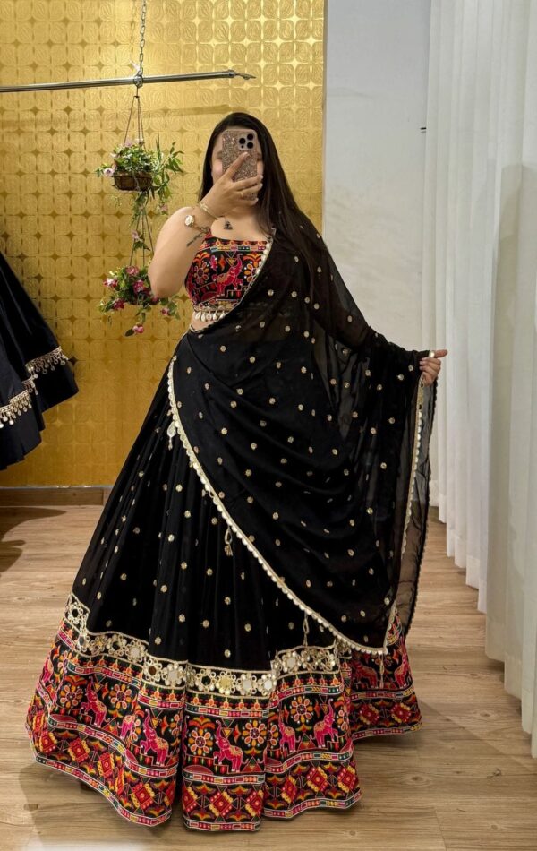 Navratri Special Black Color Georgette Fabric Digital Print With Real Mirror Work Lehenga