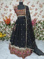Navratri Special Black Color Georgette Fabric Digital Print With Real Mirror Work Lehenga
