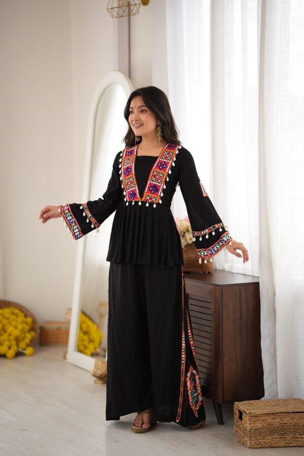 Navratri Special Black Color Rayon Silk Fabric Real Mirror Work Palazzo Set