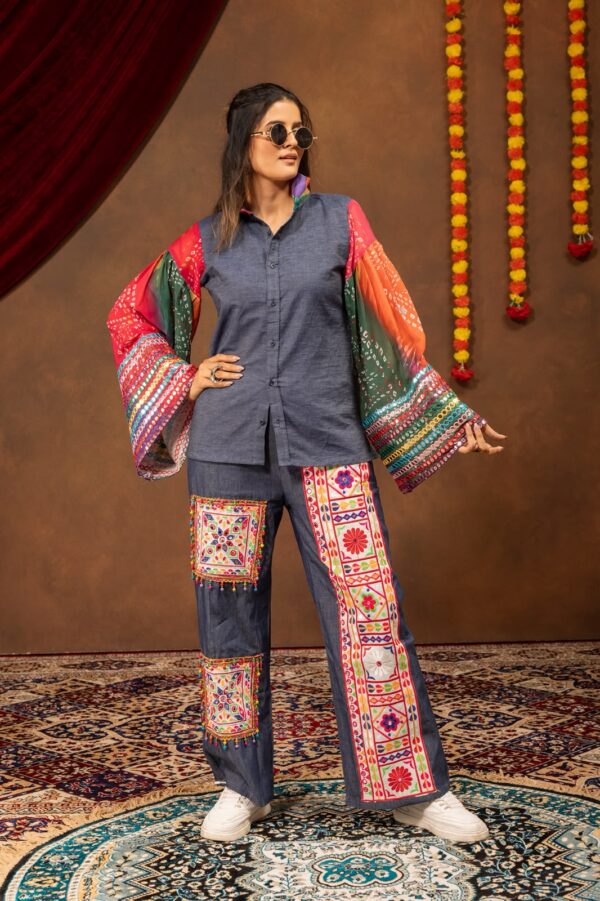 Navratri Special Blue Color Cotton Denim Fabric Mirror Work Shirt Jeans Set