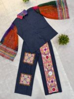 Navratri Special Blue Color Cotton Denim Fabric Mirror Work Shirt Jeans Set