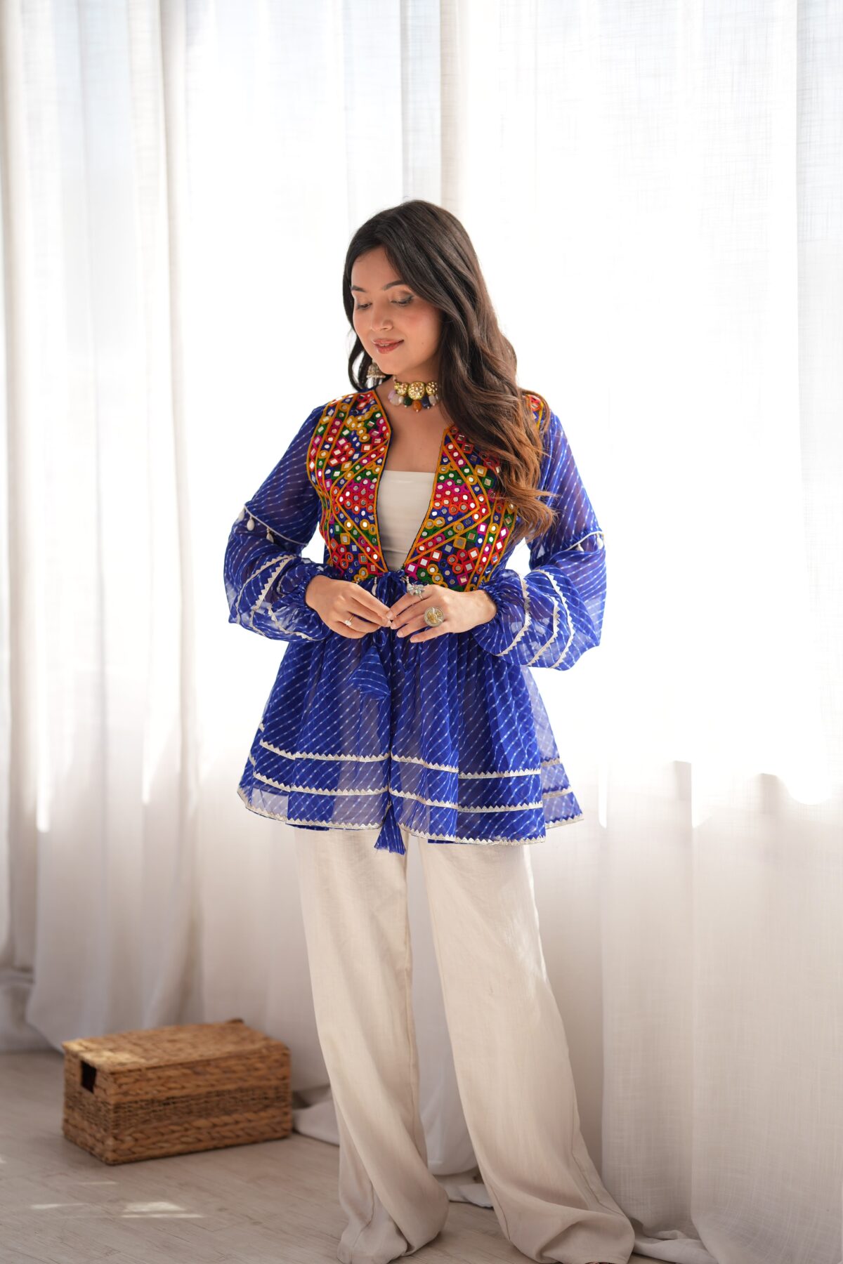 Navratri Special Blue Color Faux Georgette Fabric Real Mirror Kediya Style Top