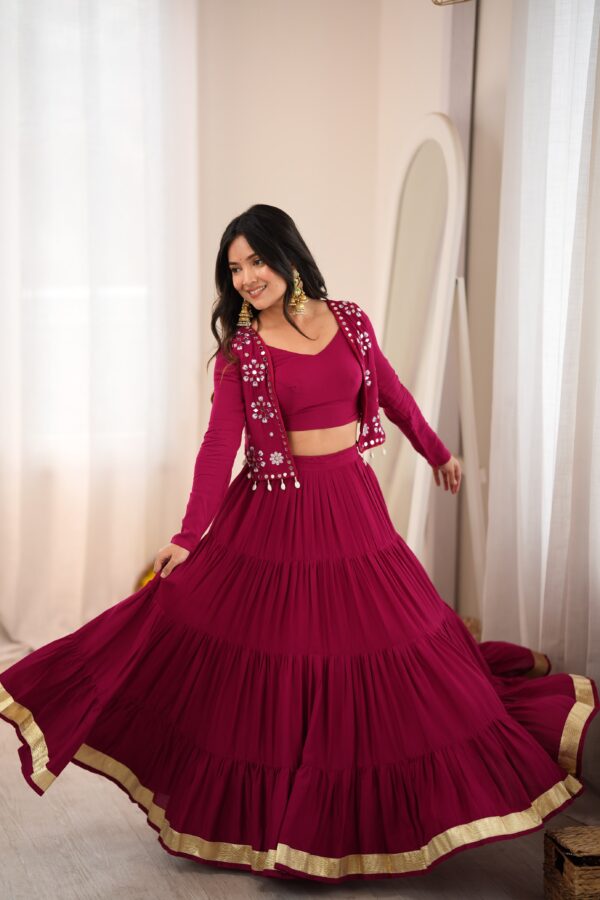 Navratri Special Dark Pink Color Rayon Fabric Gota Patti Lace Work Koti Style Lehenga