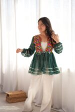 Navratri Special Green Color Faux Georgette Fabric Real Mirror Kediya Style Top