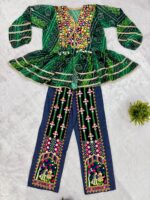 Navratri Special Green Color Faux Georgette Fabric Real Mirror Work Kediya Jeans Set
