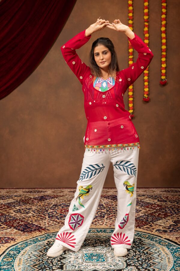 Navratri Special Maroon Color Faux Georgette Fabric Mirror Hand Work Top Jeans Set