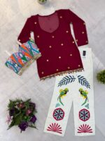 Navratri Special Maroon Color Faux Georgette Fabric Mirror Hand Work Top Jeans Set