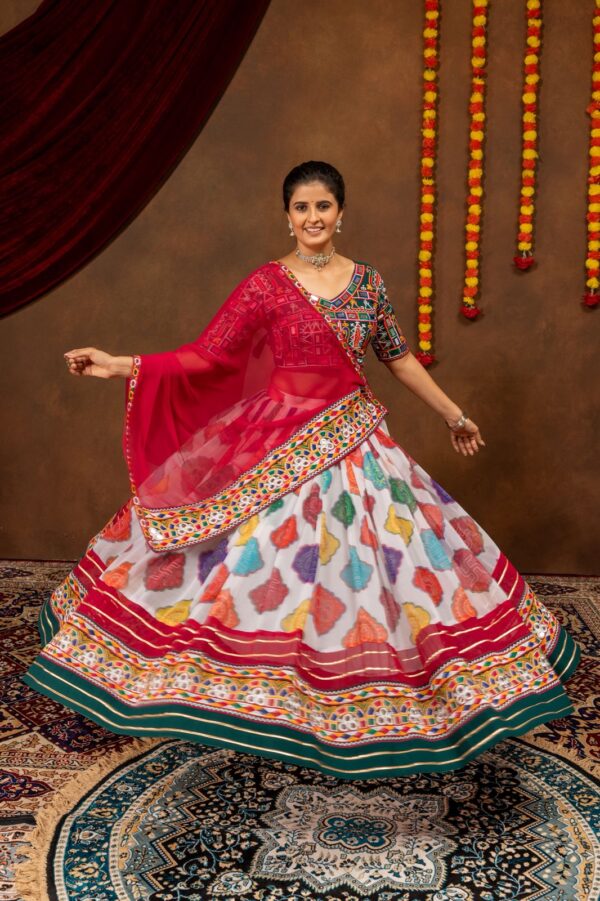 Navratri Special Multi Color Faux Georgette Fabric Print Work With Embroidery Work Lehenga