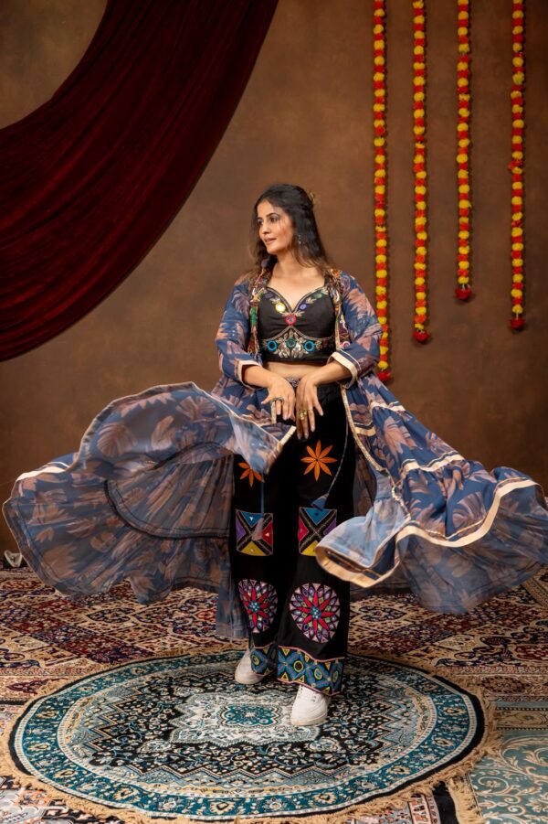 Navratri Special Multi Color Faux Georgette Fabric Real Mirror Work Shrug Jeans Set
