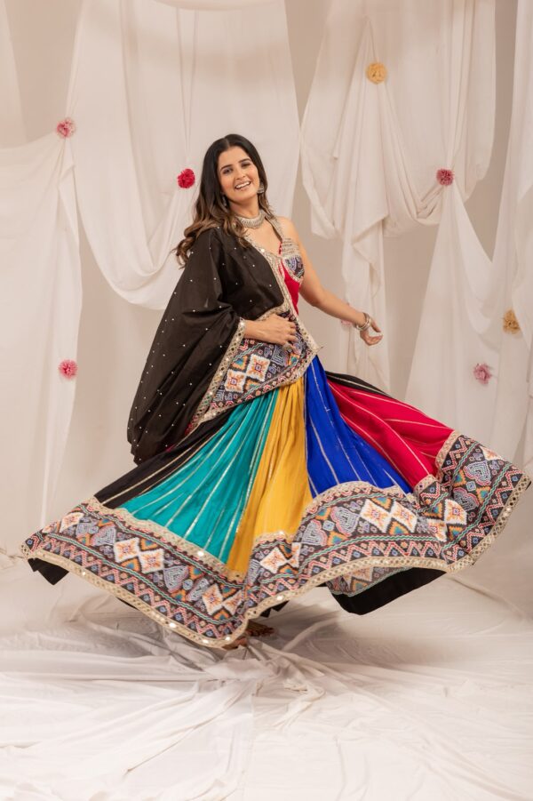 Navratri Special Multi Color Pure Rayon Fabric Real Mirror With Patola Print Work Lehenga