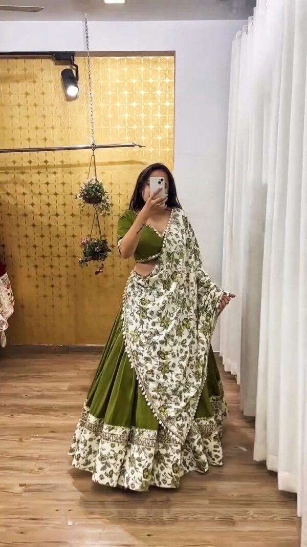 Navratri Special Olive Green Color Malai Satin Silk Fabric Digital Print With Real Mirror Work Lehenga