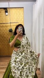 Navratri Special Olive Green Color Malai Satin Silk Fabric Digital Print With Real Mirror Work Lehenga