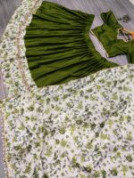 Navratri Special Olive Green Color Malai Satin Silk Fabric Digital Print With Real Mirror Work Lehenga
