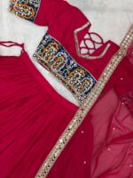Navratri Special Pink Color Rayon Cotton Fabric Embroidery Work Lehenga
