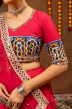 Navratri Special Pink Color Rayon Cotton Fabric Embroidery Work Lehenga