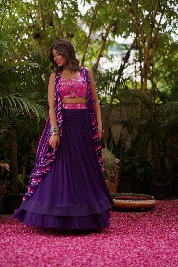 Navratri Special Purple Color Georgette Fabric With Net Ruffle Koti Style Lehenga