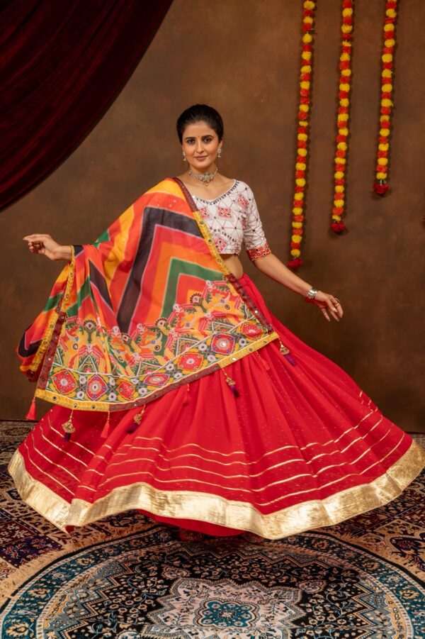 Navratri Special Red Color Faux Georgette Fabric Diamond Work Lehenga