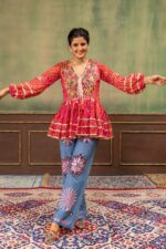 Navratri Special Red Color Faux Georgette Fabric Real Mirror Work Kediya Jeans Set
