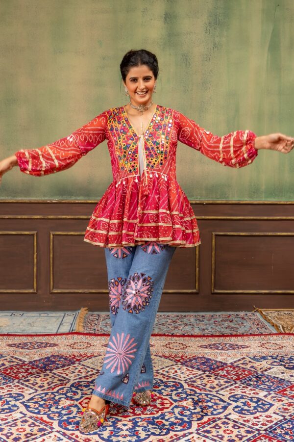 Navratri Special Red Color Faux Georgette Fabric Real Mirror Work Kediya Jeans Set