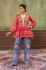 Navratri Special Red Color Faux Georgette Fabric Real Mirror Work Kediya Jeans Set