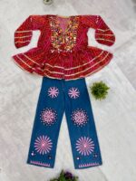 Navratri Special Red Color Faux Georgette Fabric Real Mirror Work Kediya Jeans Set